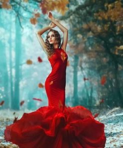 Red Color Woman in Forest People Paint By Numbers
