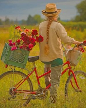 Girl Strolling A Farm With Her Bike paint by numbers