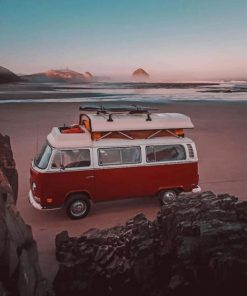 Red Campervan In The Beach Paint by numbers