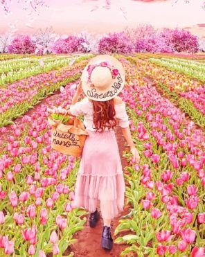 Girl In Pink Flowers Field paint by numbers