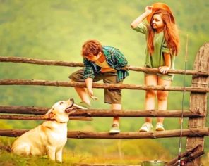 Siblings Playing With Their Dog paint by numbers