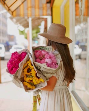 Woman Holding Bouquets Of Flowers Paint by numbers