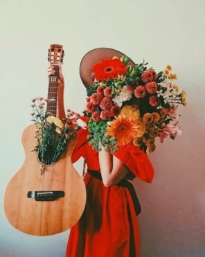 Woman Holding Flowers And Guitar Paint by numbers