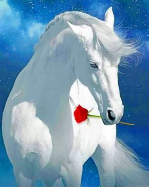 White Horse Holding A Red Flower paint by numbers