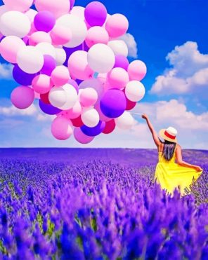 Woman In A Field Of Lavender Carrying Colorful Balloons Paint by numbers