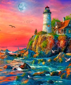 Sunset Ocean Lighthouse paint by number