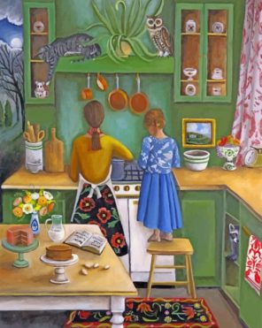 Girl Helping Her Mother In The Kitchen paint by numbers