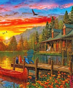 Cabin Evening Sunset paint by numbers