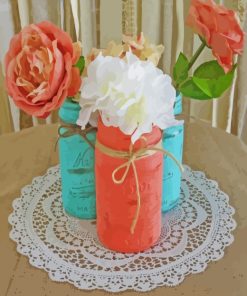 Turquoise Ball Jars With Pink Flowers paint by numbers