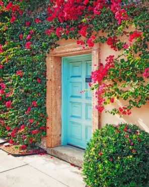 Aesthetic Cyan Door And Bougainvillea paint by numbers