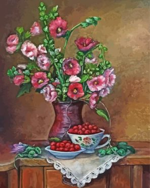 Artistic Hollyhocks In Vase Paint By Numbers