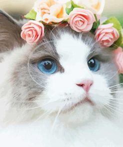 White Cat Floral Crown paint by numbers