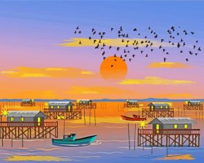 Fishing Village Sunset paint by numbers