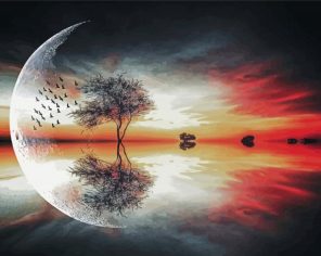 Moon And Tree With Flying Birds Paint By Numbers