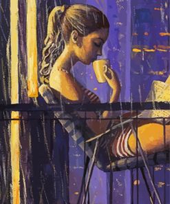 Girl Drinking Coffee In A Rainy Day Paint By Numbers