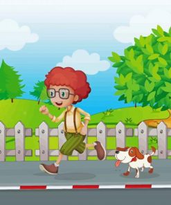 Cartoon Boy Running With His Dog Paint By Numbers